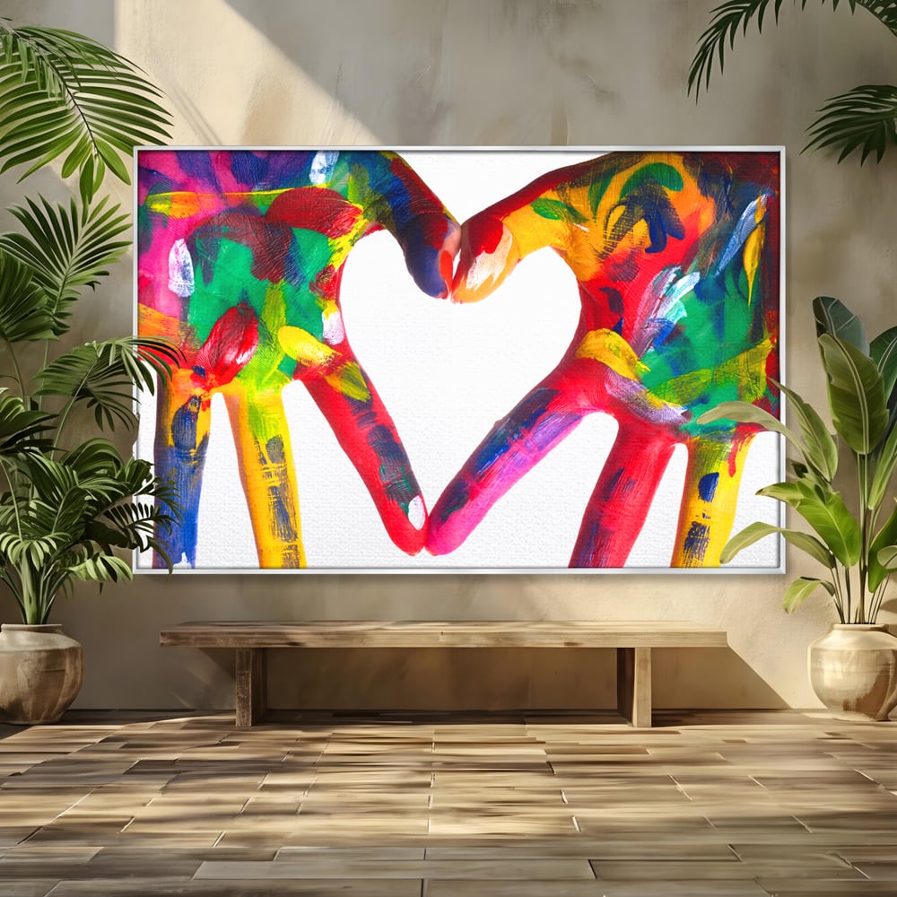 Tablou canvas cu pictura cu maini colorate formand o inima, in rama de aluminiu argintiu